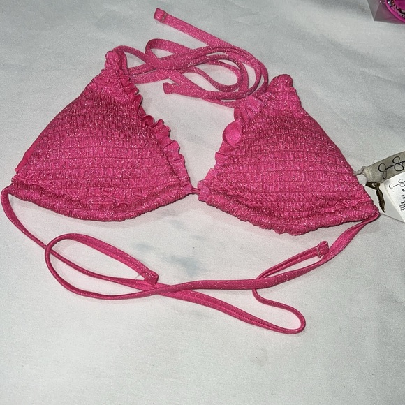 Jessica Simpson Glitter Bomb Smocked Triangle Bikini Top Pop Pink S - Picture 3 of 12
